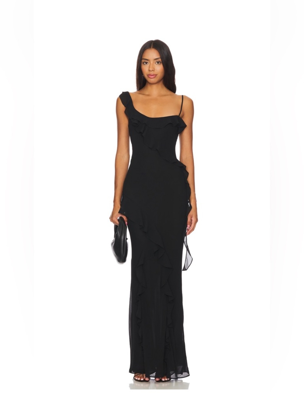 Majorelle- Black Ruffle Asymmetric Strap Maxi Dress.  Worn  one time. small